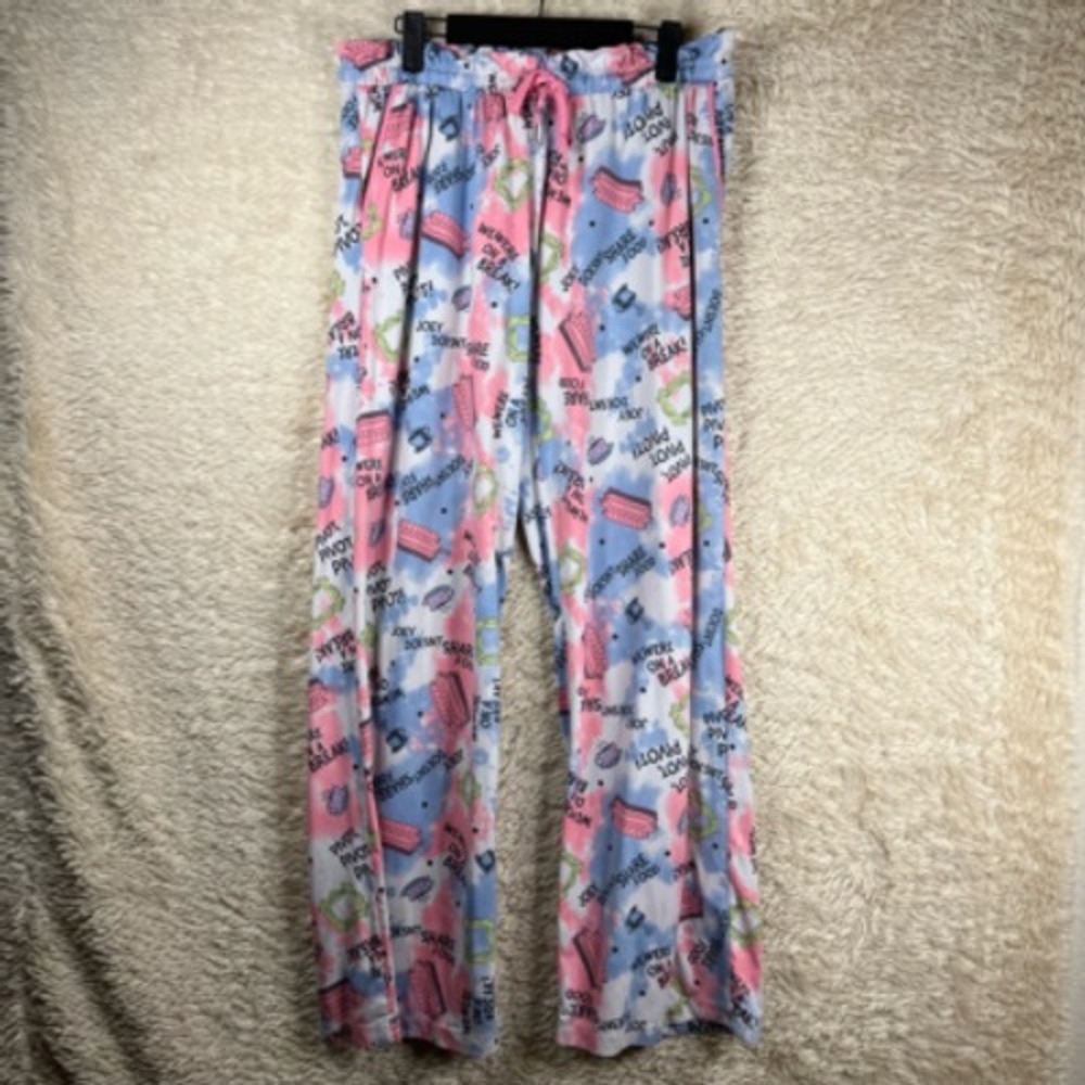 Friends Lounge Pants Womens Small Pink‎ Blue Abstract Stretch Pockets Drawstring